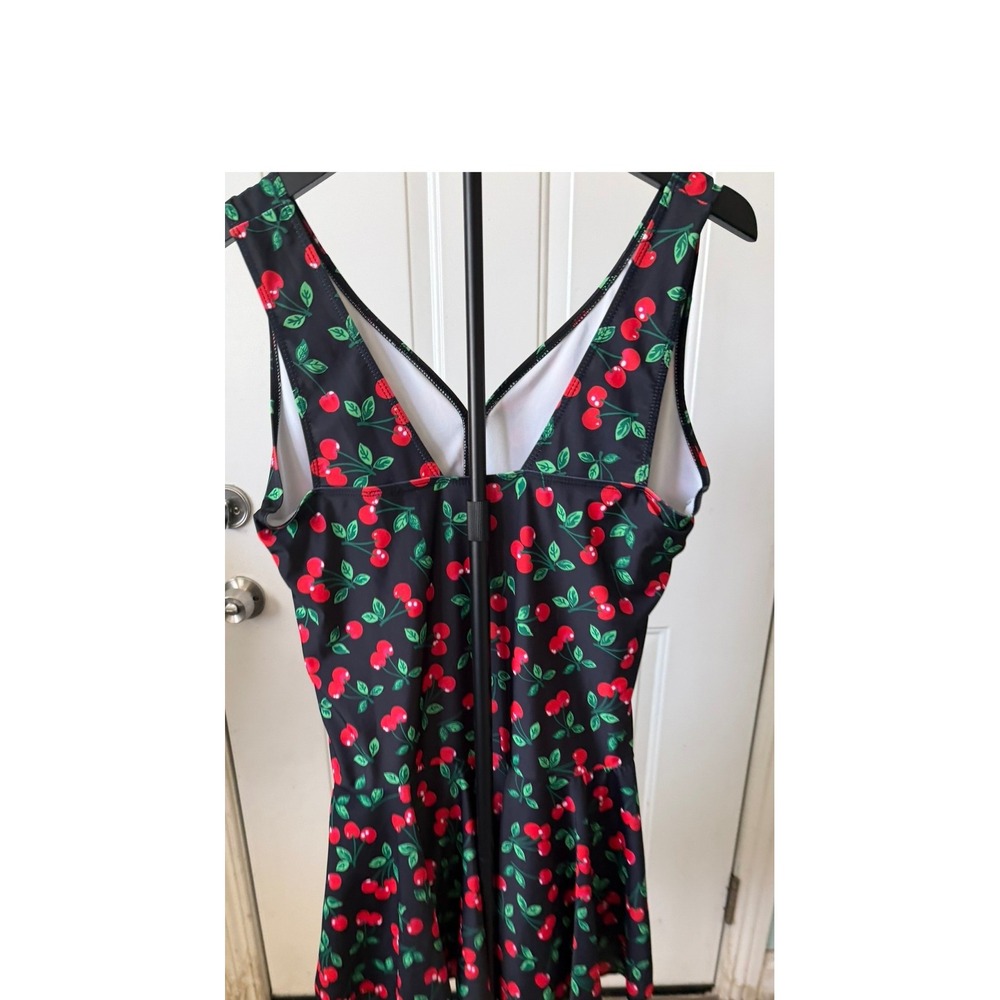 Cherry Print Swim Dress One Piece V-Neck Ruched Skirted Swimsuit Black XXXL - Picture 2 of 4